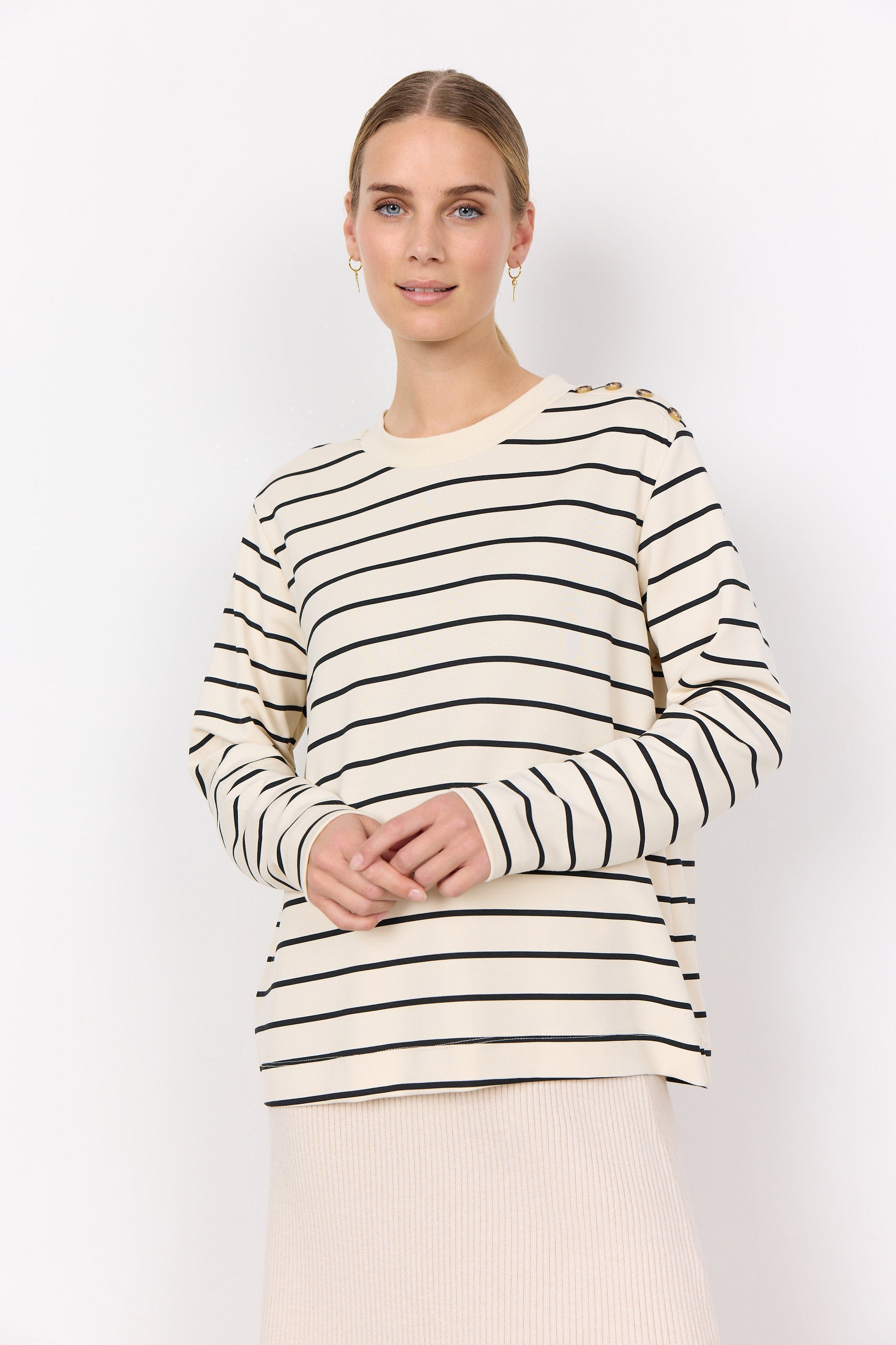 Soya Concept Barni Stripe Button Detail Sweatshirt - Cream Combi