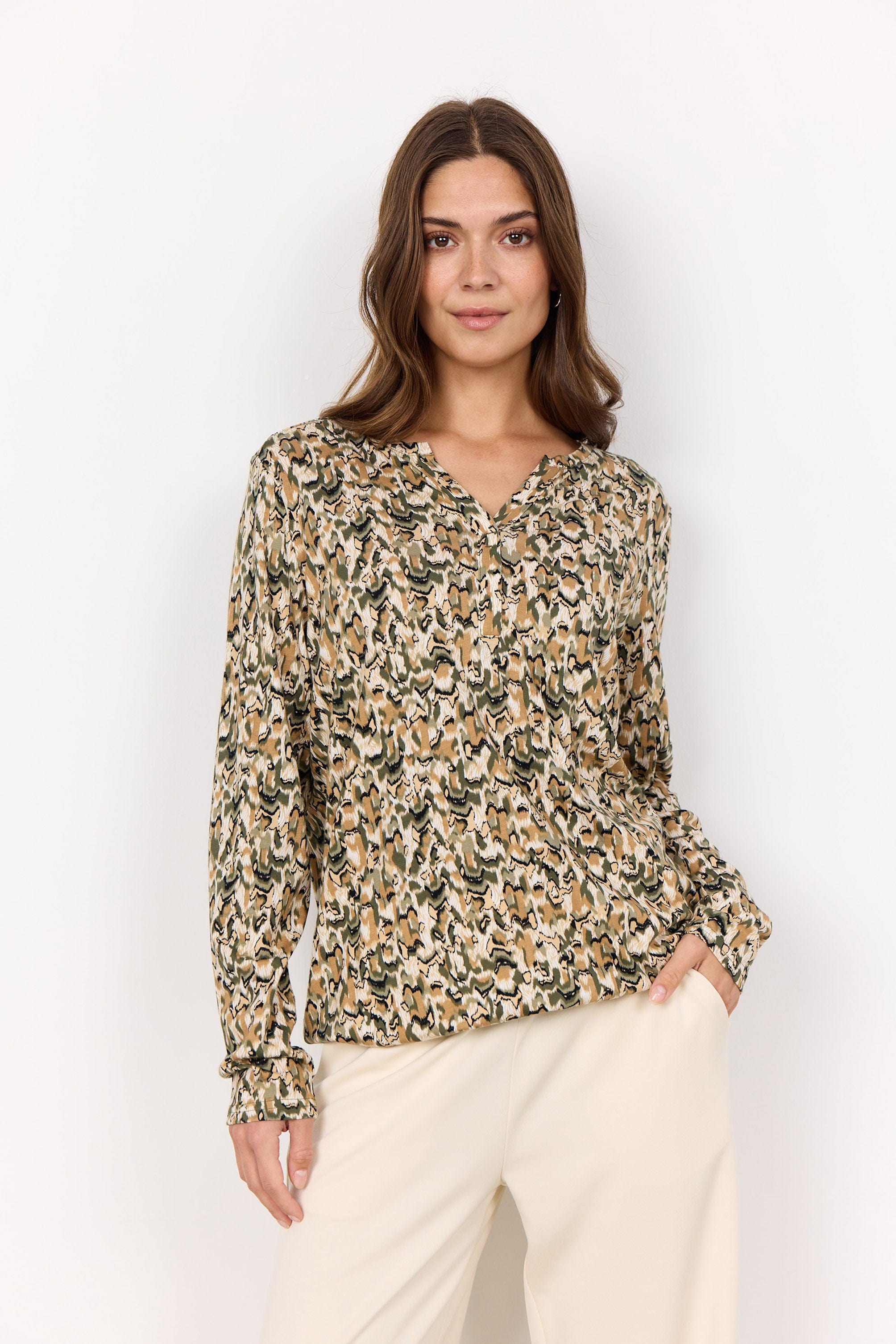 Soya Concept Felicity Printed Jersey Top - Dark Olive Combi