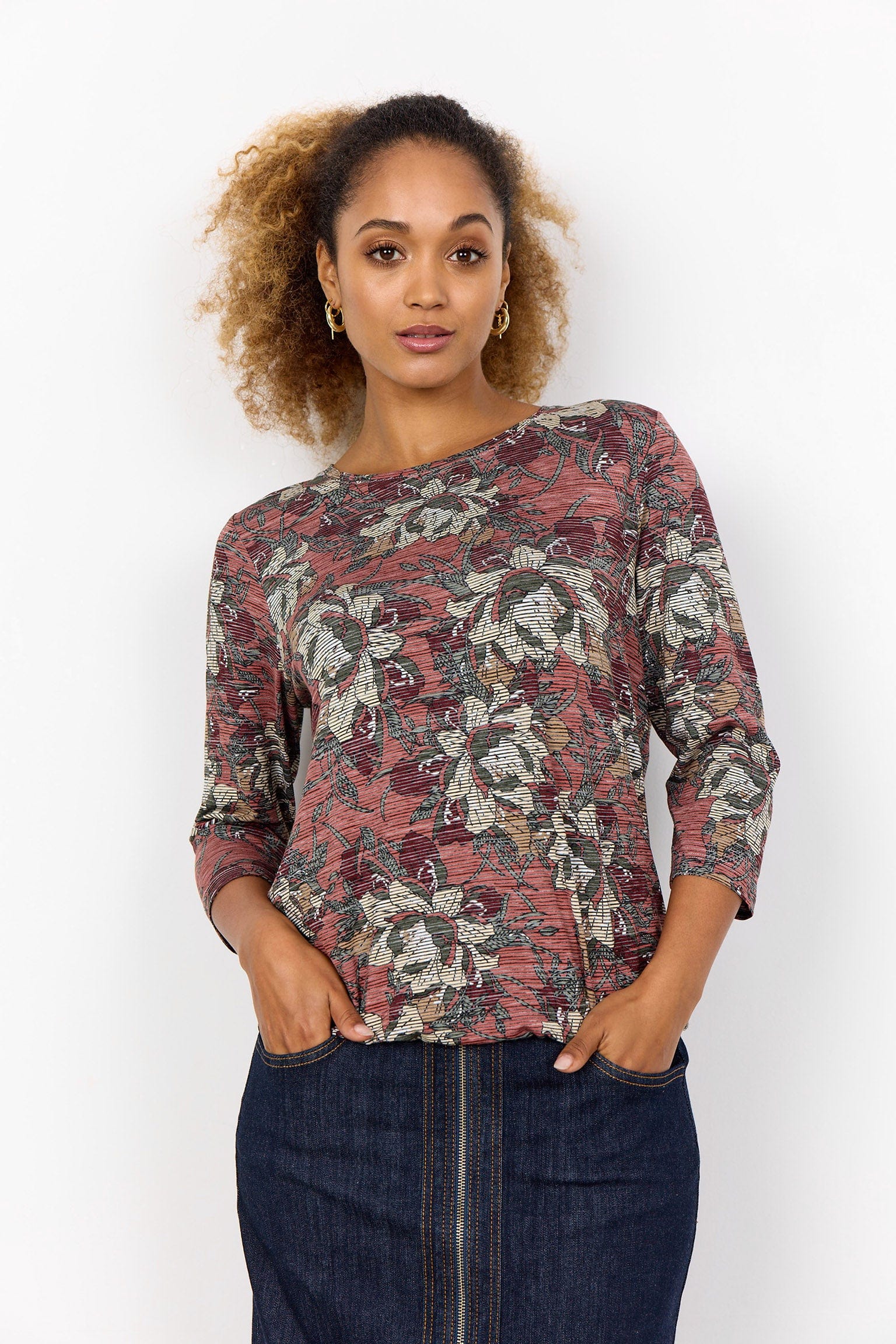 Soya Concept Galina Printed 3/4 Sleeve T-Shirt - Blush Combi