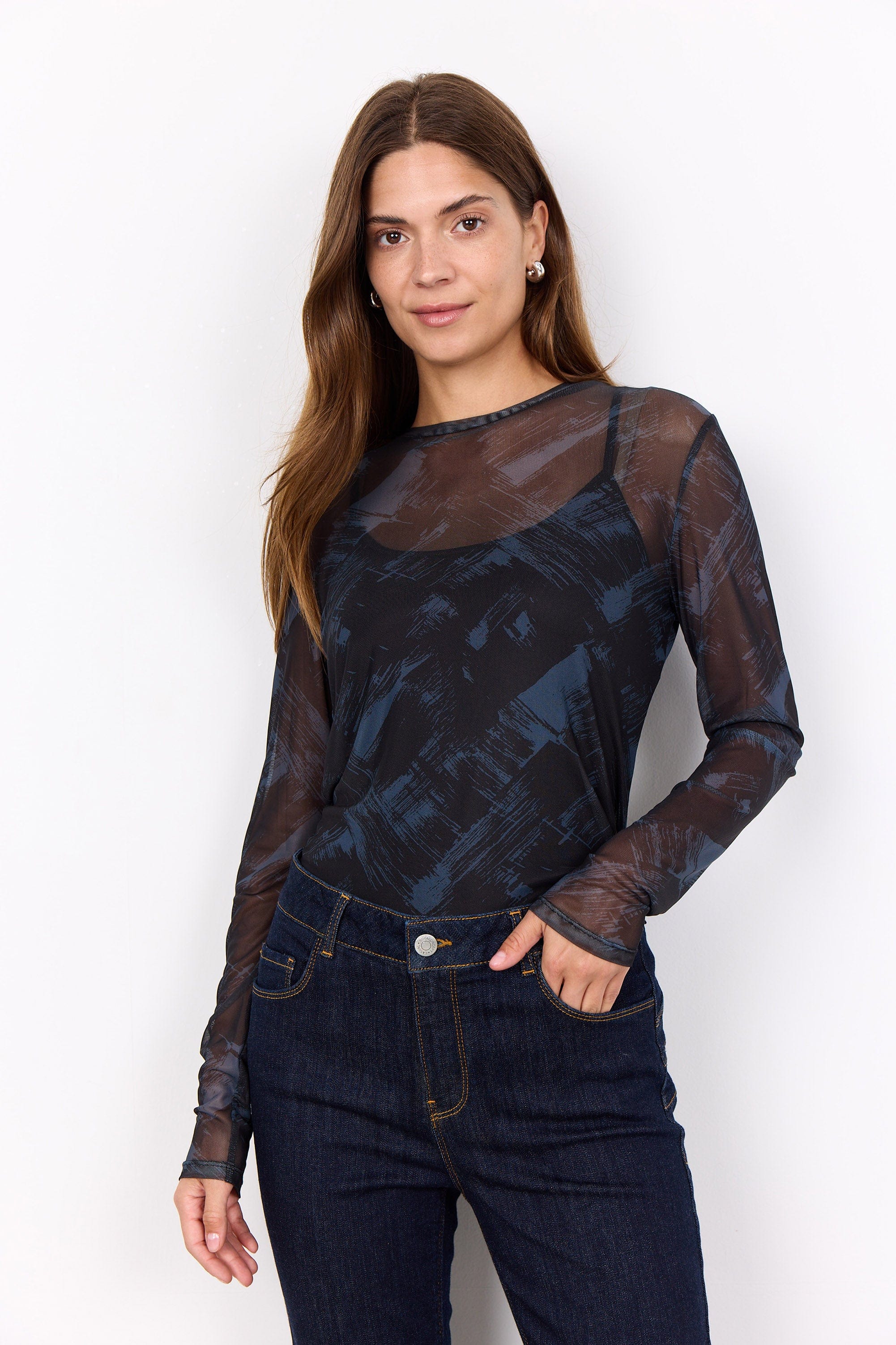 Soya Concept Iliane Printed Long Mesh Top - Iron Grey