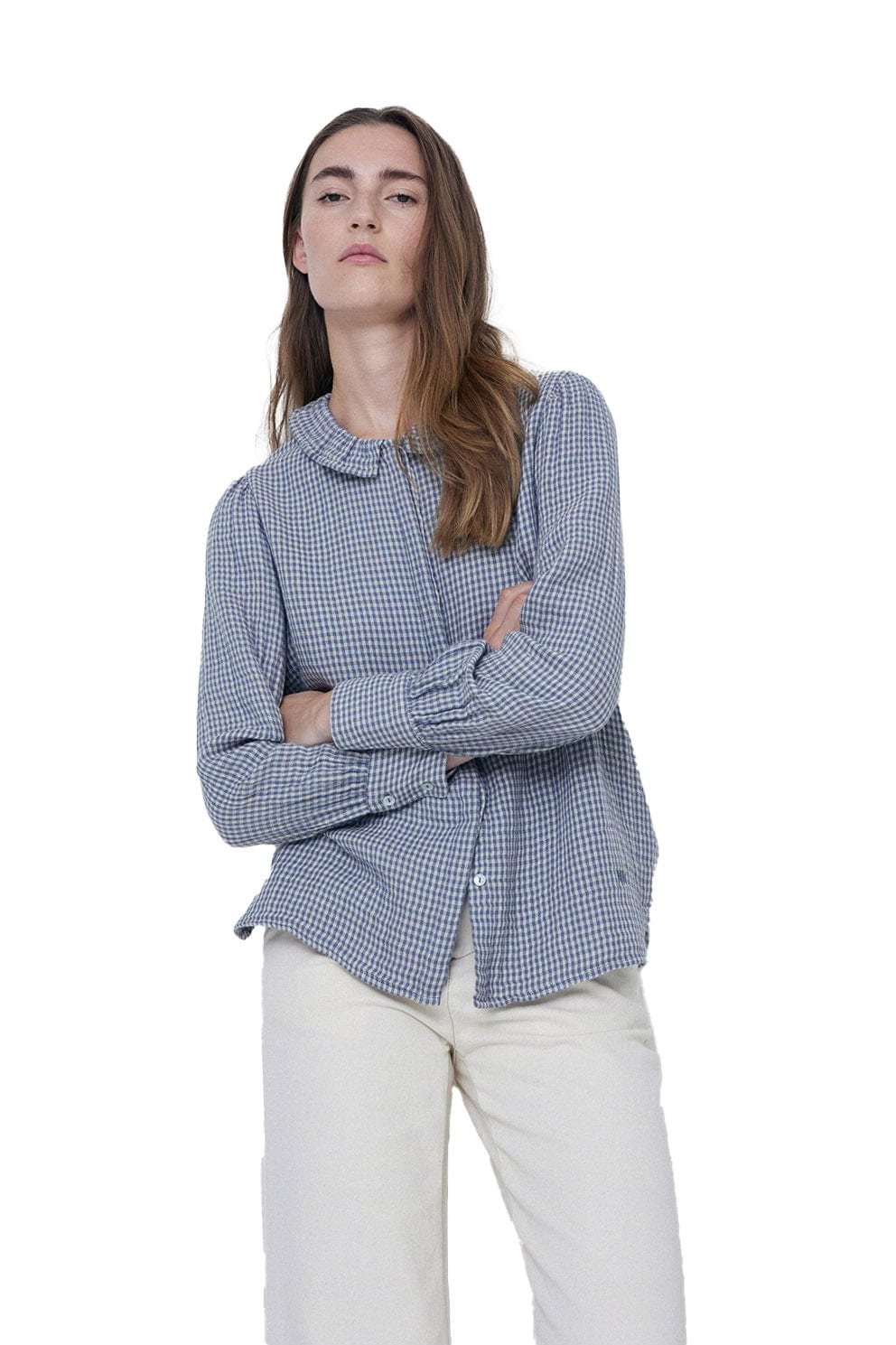 Yerse Plaid Shirt with Ruffle Detail - Lead