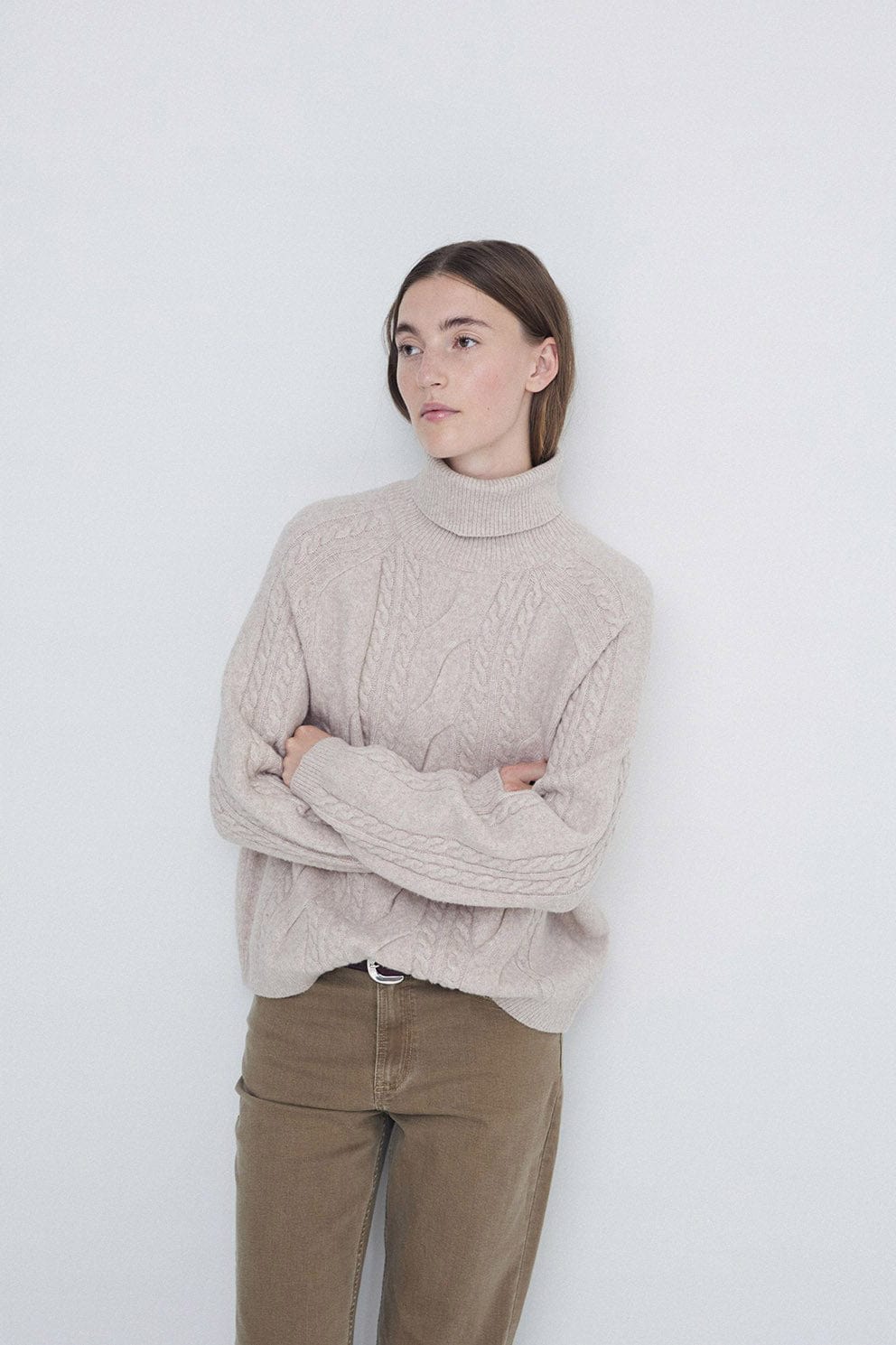 Yerse Roll Neck Jumper with Cable Detail - Stone