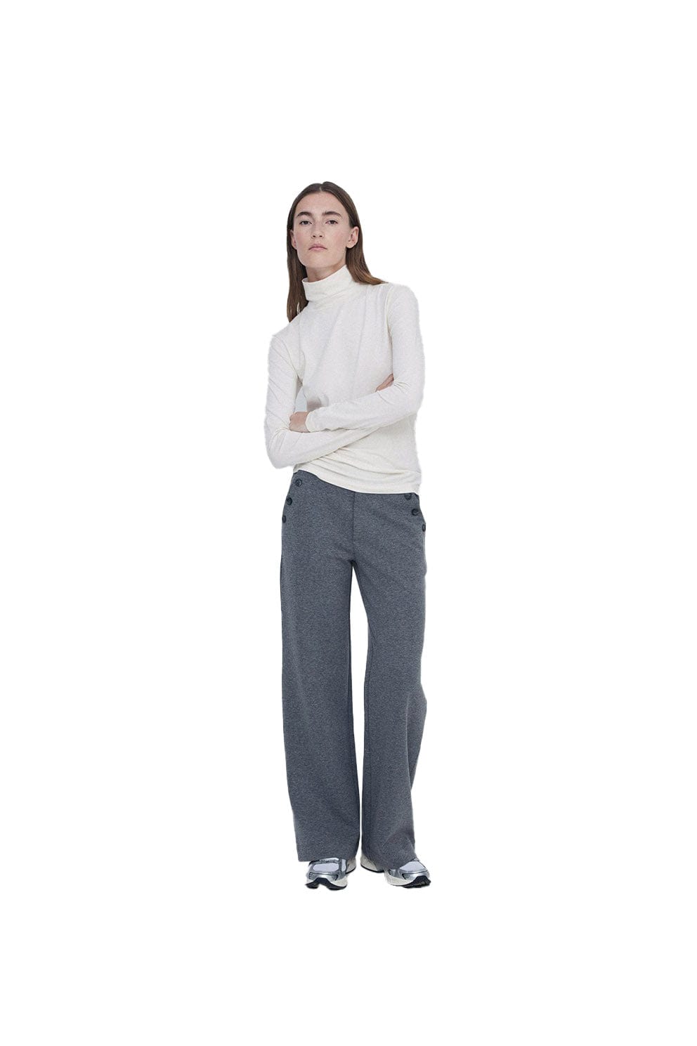 Yerse Straight Jersey Trousers with Button Detail - Anthracite