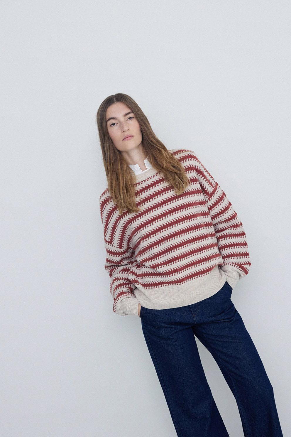 Yerse Stripe Wool Jumper  - Ecru/Ancient Rose