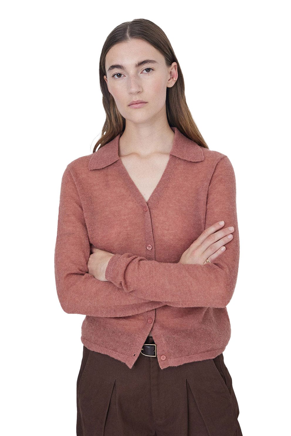 Yerse Wool Blend Collared Cardigan - Terracotta