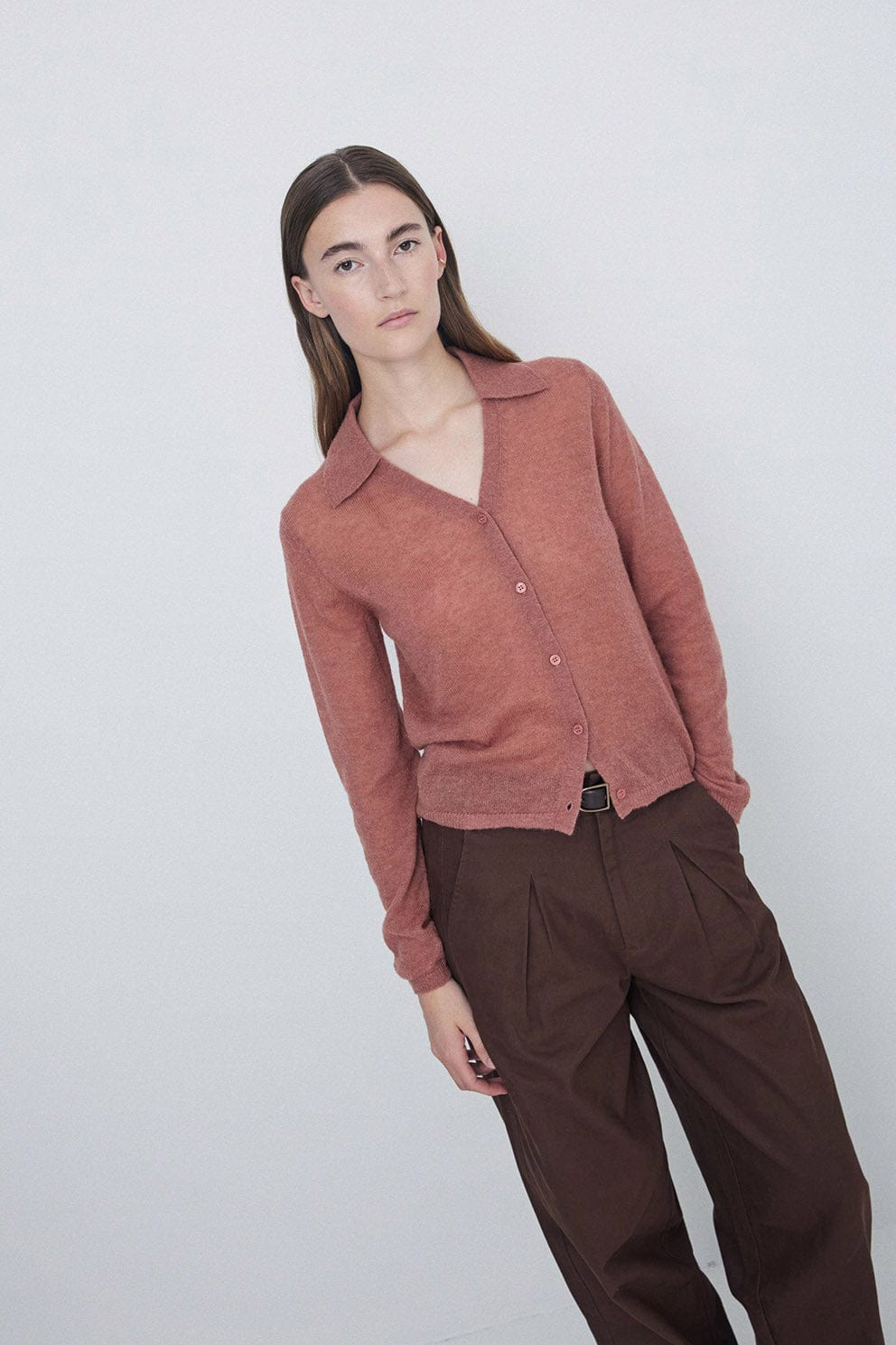 Yerse Wool Blend Collared Cardigan - Terracotta